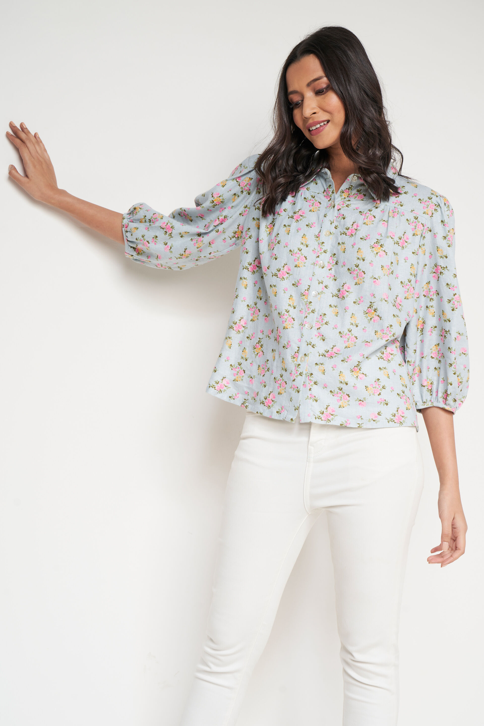 Powder Blue Floral Straight Top, Powder Blue, image 1
